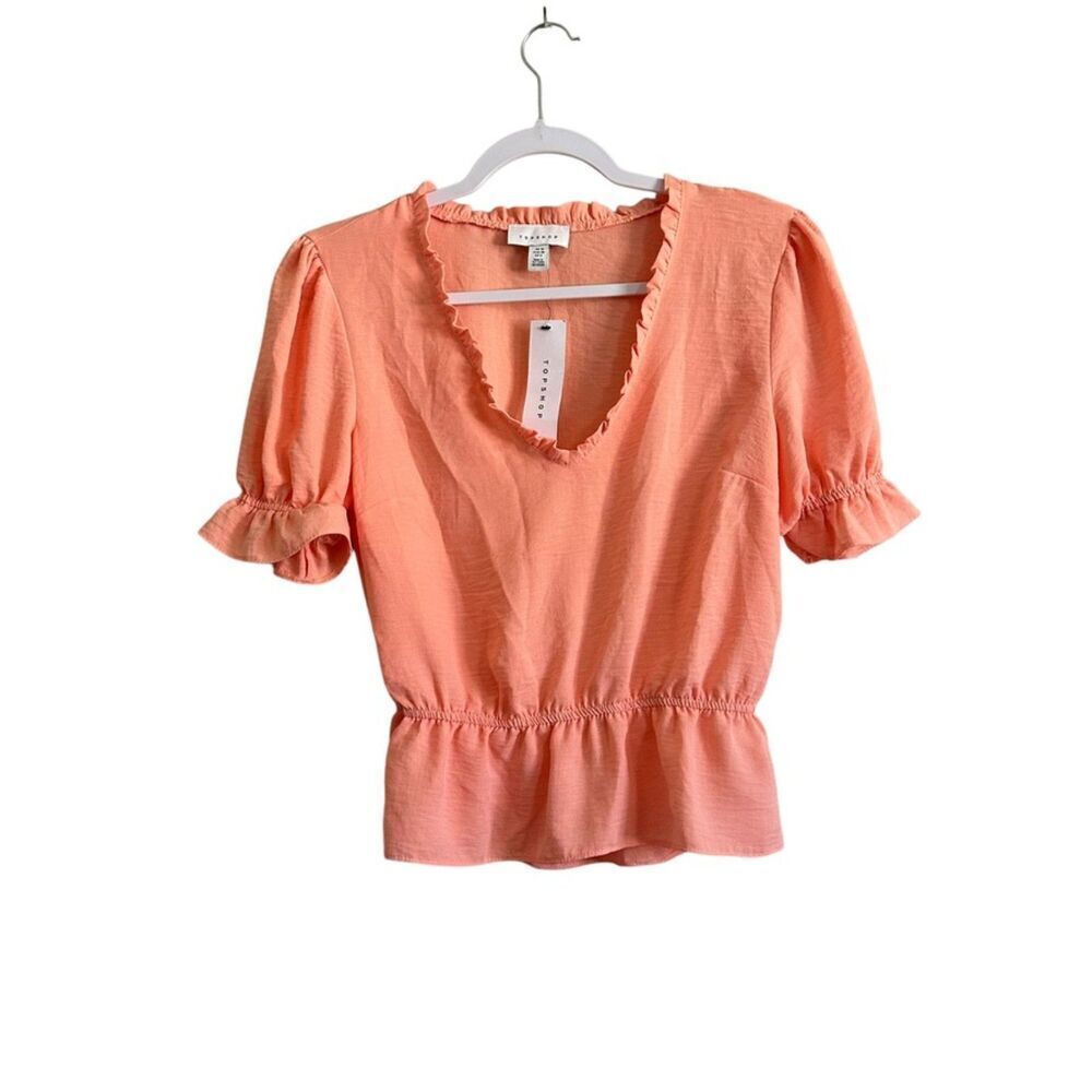 Topshop Morgan‎ Peplum Blouse Women 6 Peach Ruffled Trim Lightweight Boho NWT
